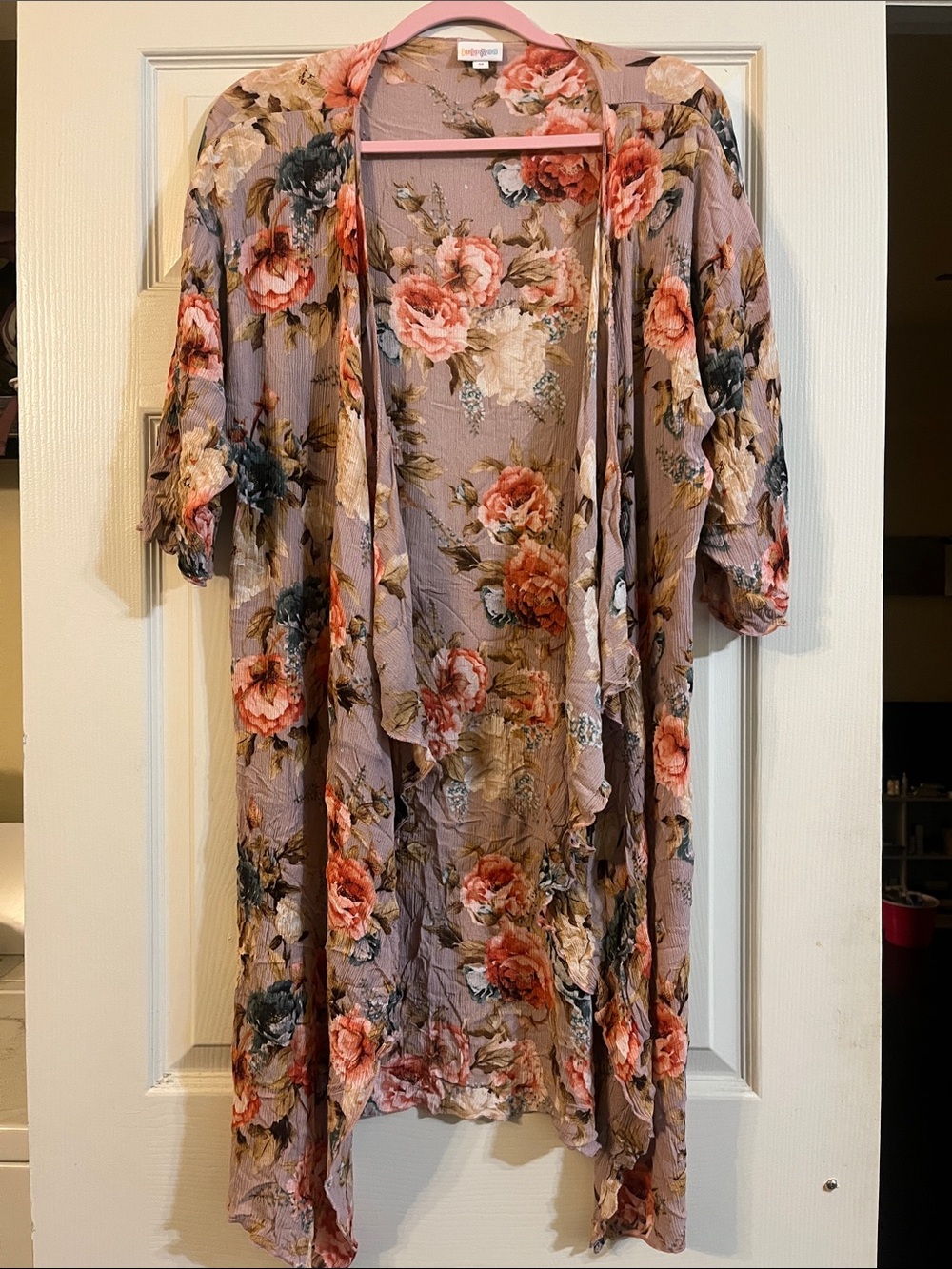 LuLaRoe Floral Draped Kimono Cardigan in Mauve, Coral, Green